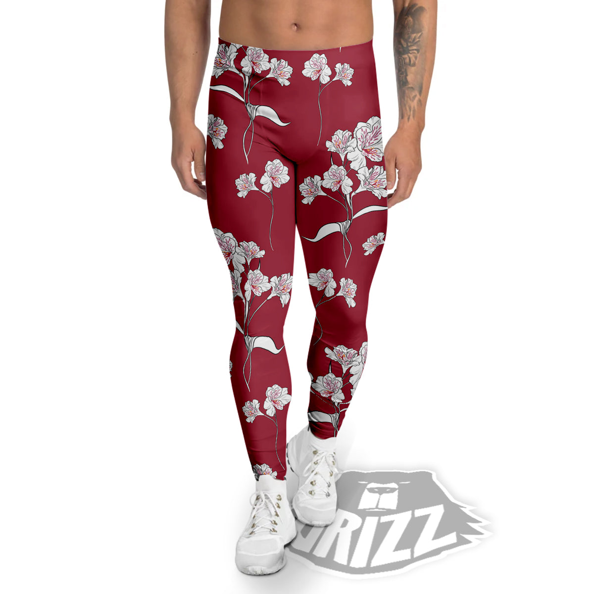 White Alstroemeria Red Print Pattern Men's Leggings-grizzshop