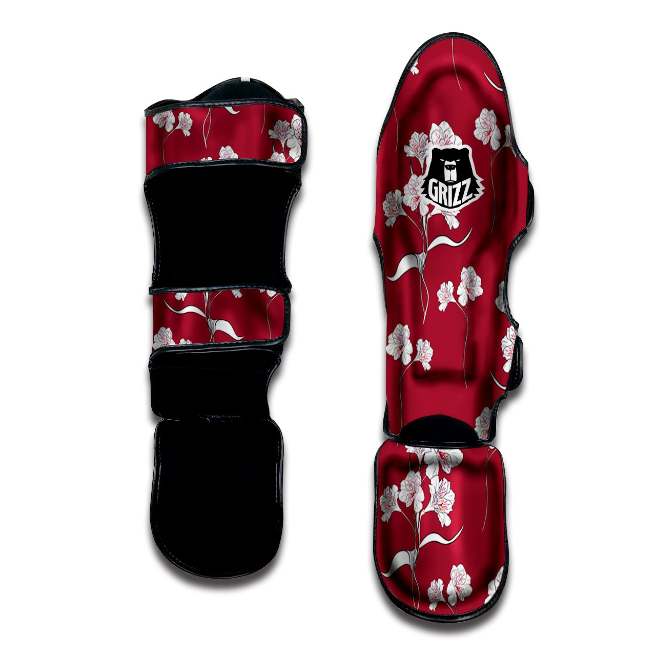 White Alstroemeria Red Print Pattern Muay Thai Shin Guards-grizzshop