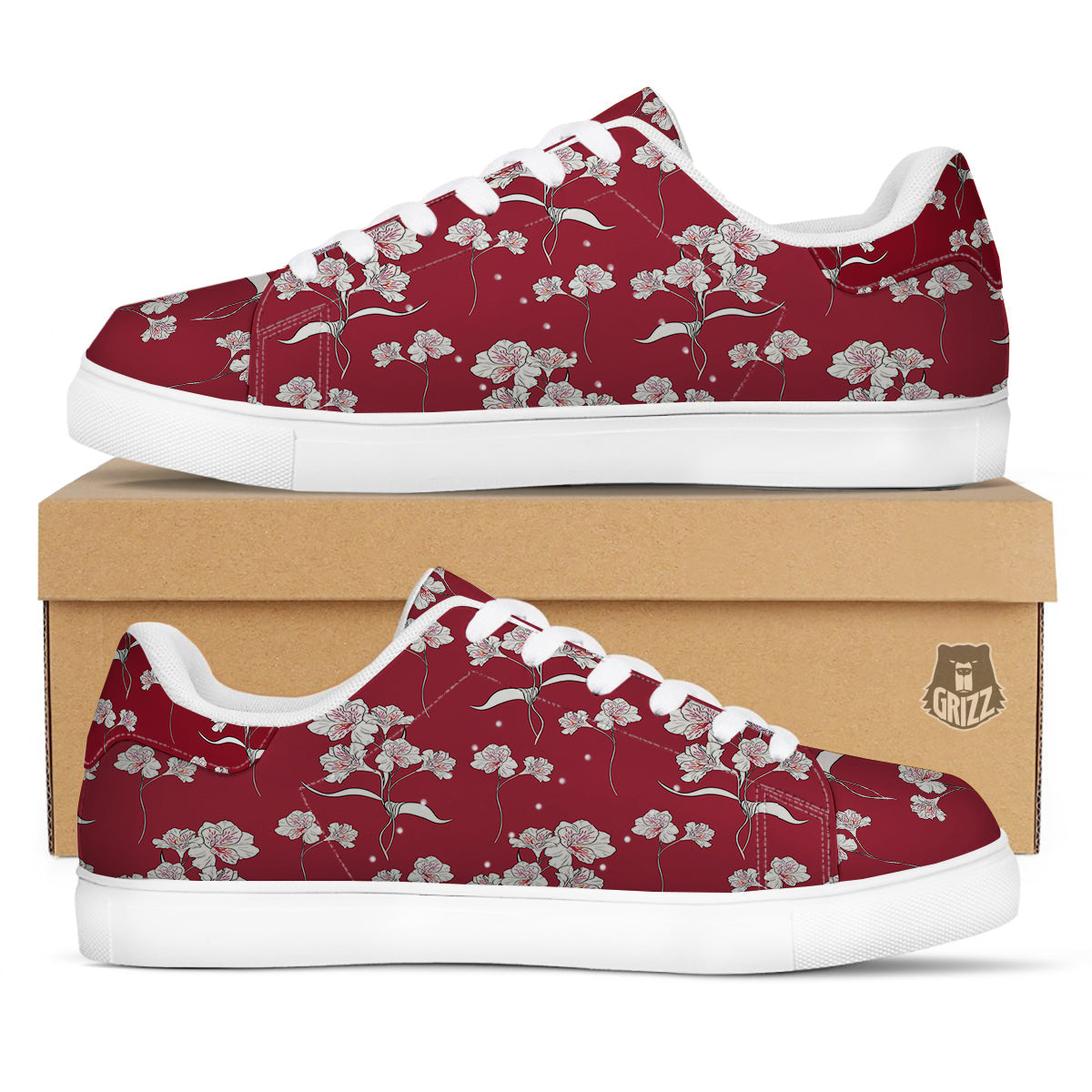 White Alstroemeria Red Print Pattern White Low Top Sneakers-grizzshop