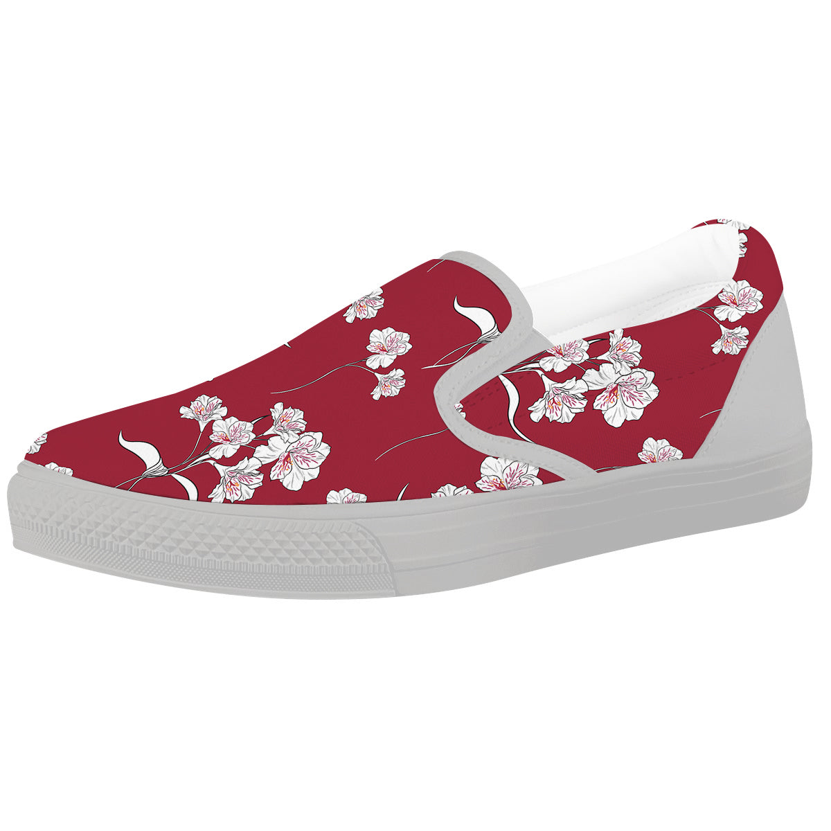 White Alstroemeria Red Print Pattern White Slip On Shoes-grizzshop