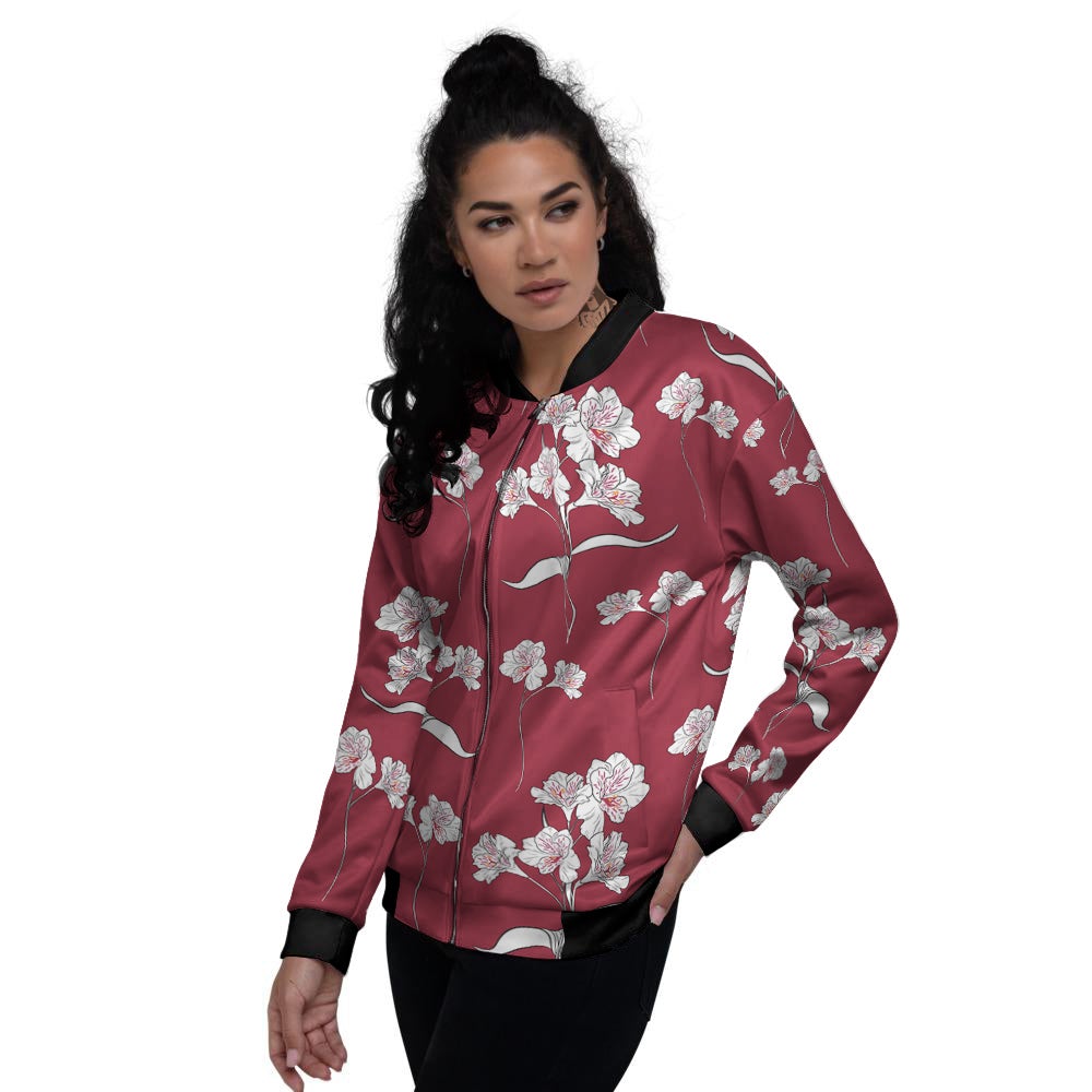 White Alstroemeria Red Print Pattern Women's Bomber Jacket-grizzshop