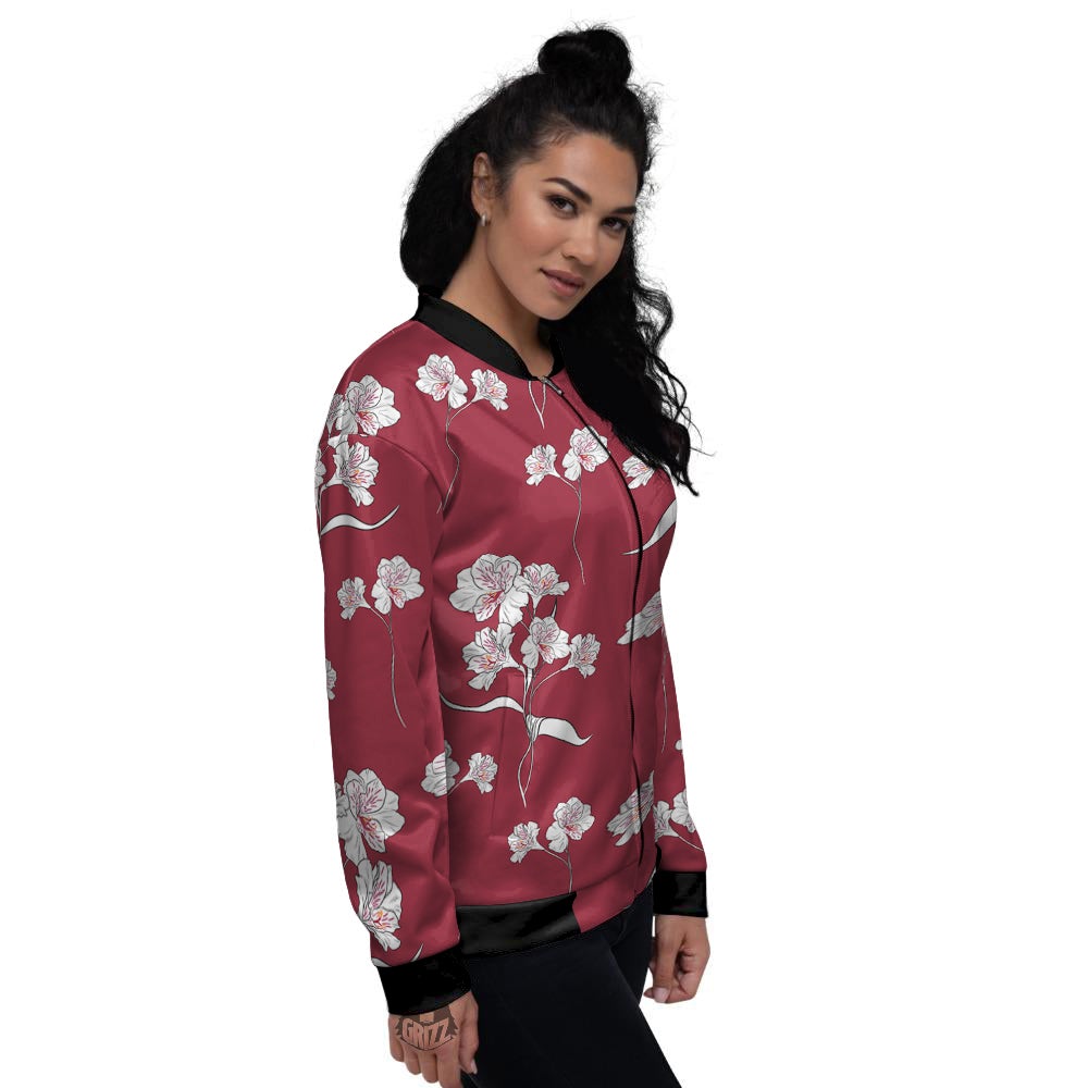 White Alstroemeria Red Print Pattern Women's Bomber Jacket-grizzshop