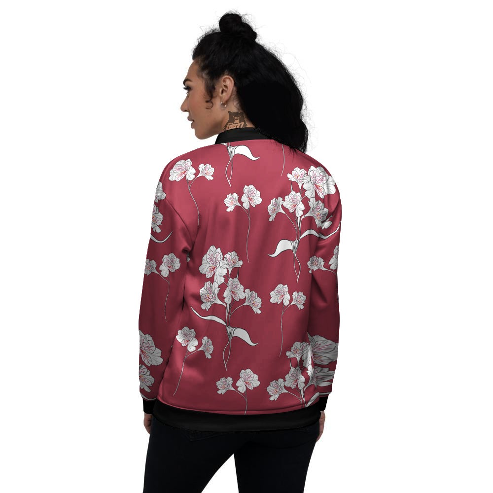 White Alstroemeria Red Print Pattern Women's Bomber Jacket-grizzshop