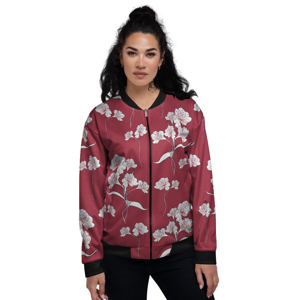 White Alstroemeria Red Print Pattern Women's Bomber Jacket-grizzshop