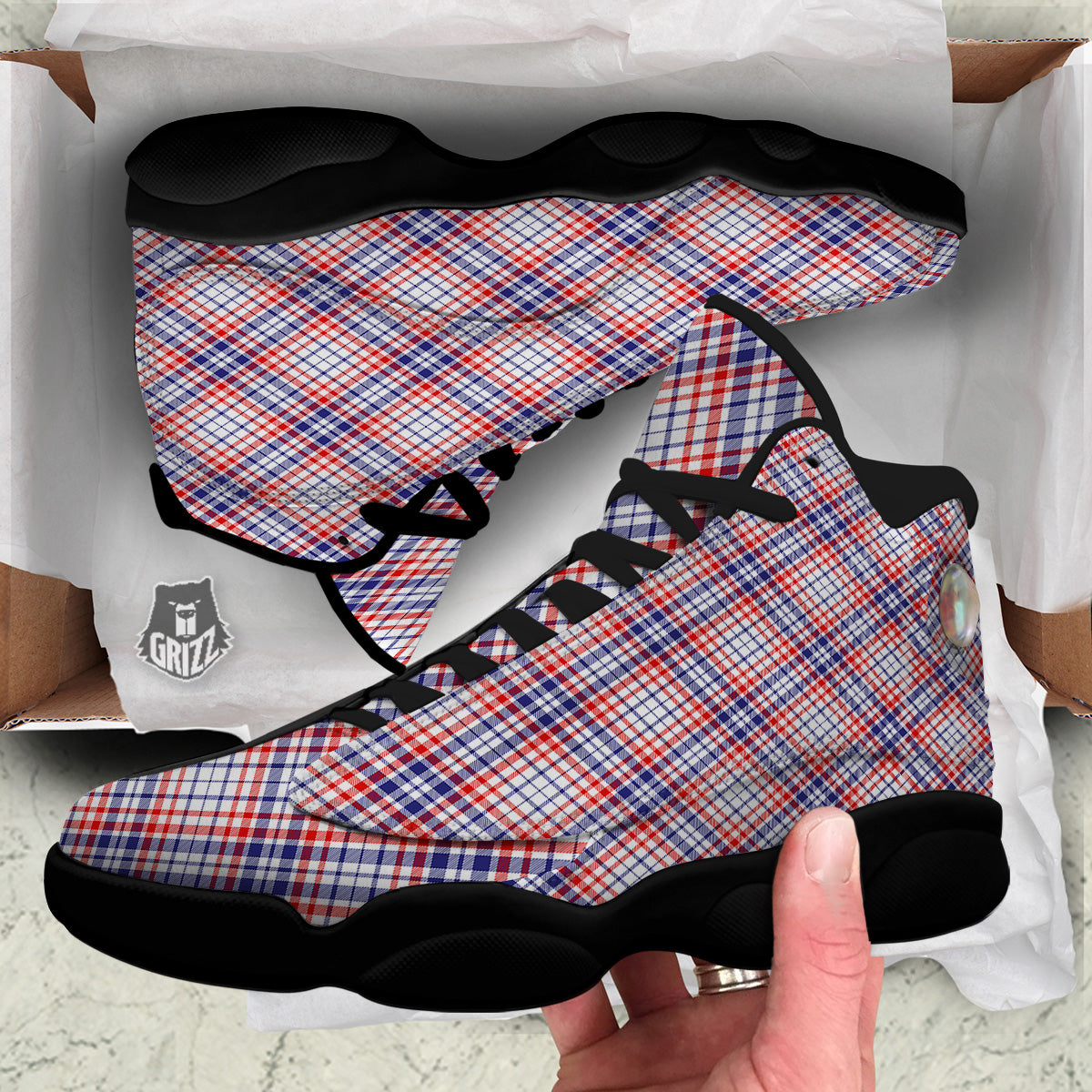 White American Plaid And Blue Red Print Black Basketball Shoes-grizzshop