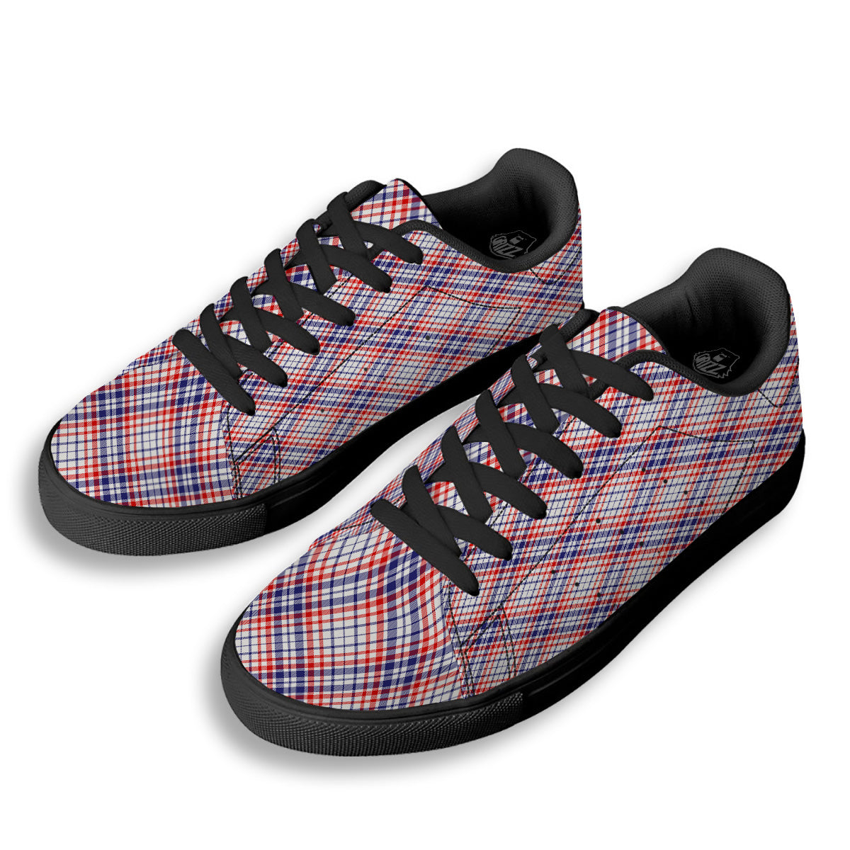 White American Plaid And Blue Red Print Black Low Top Sneakers-grizzshop
