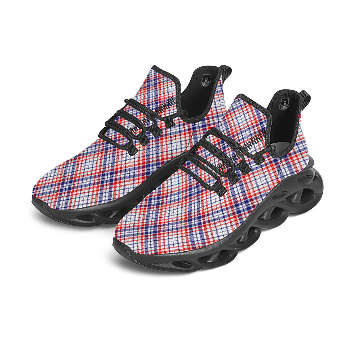 White American Plaid And Blue Red Print Black Running Shoes-grizzshop