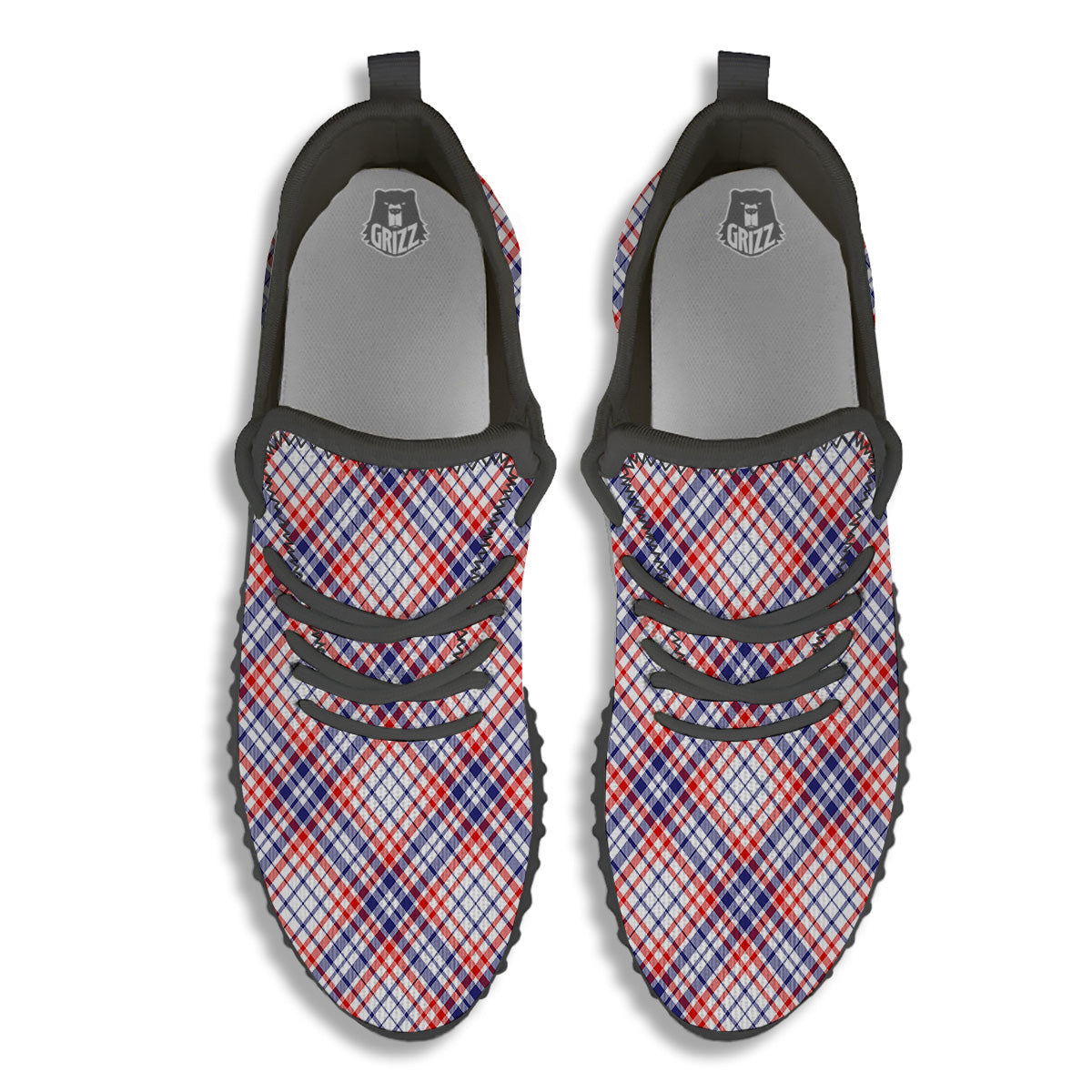 White American Plaid And Blue Red Print Black Walking Shoes-grizzshop
