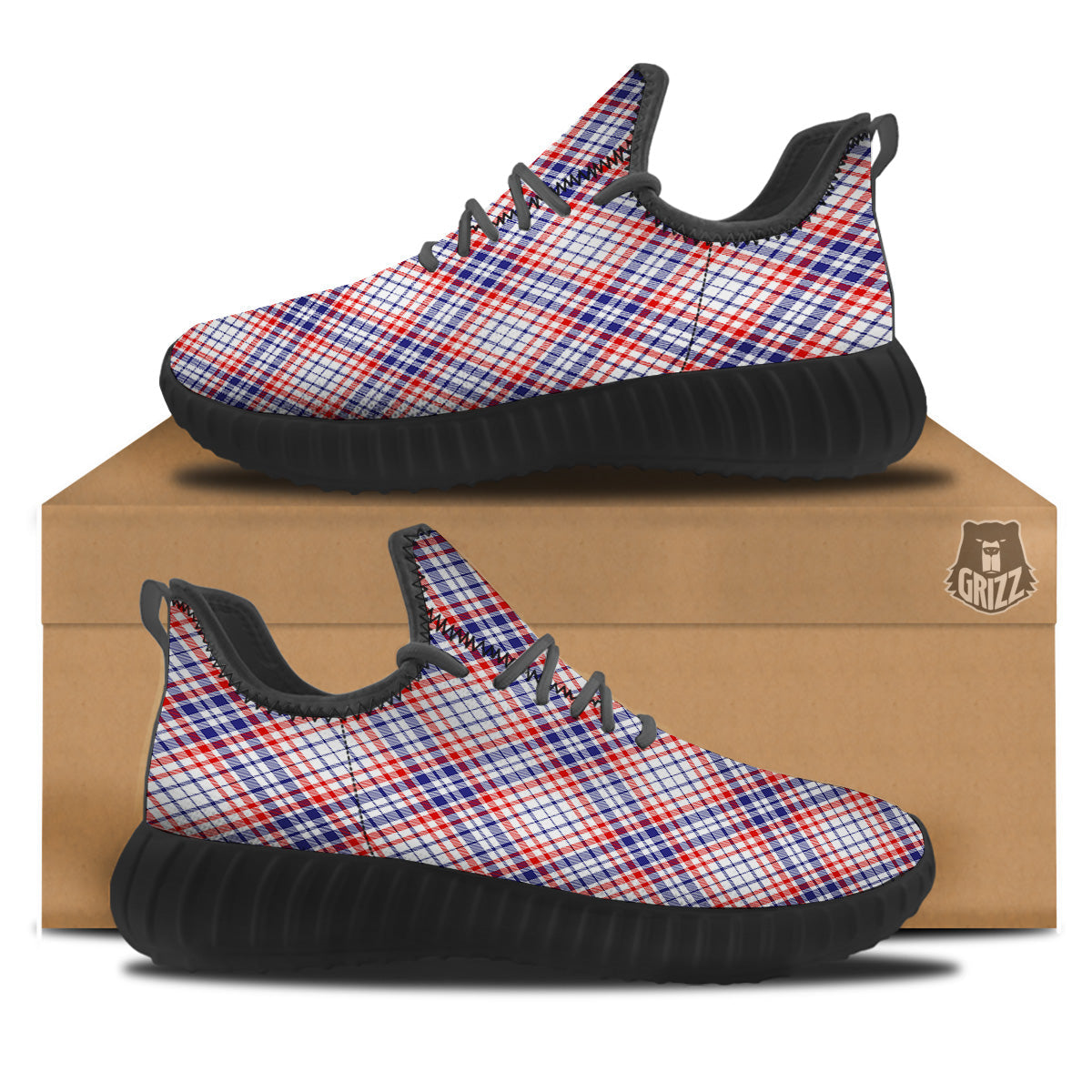 White American Plaid And Blue Red Print Black Walking Shoes-grizzshop