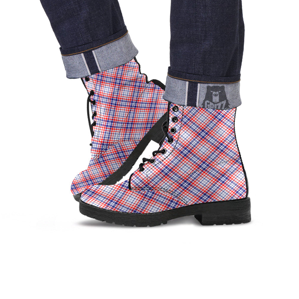 White American Plaid And Blue Red Print Leather Boots-grizzshop