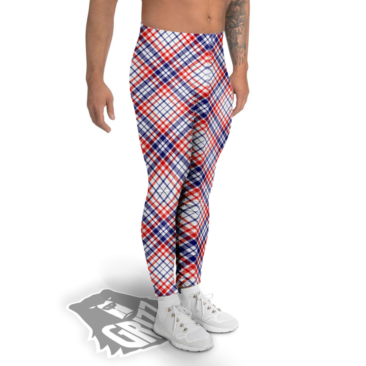 White American Plaid And Blue Red Print Men's Leggings-grizzshop