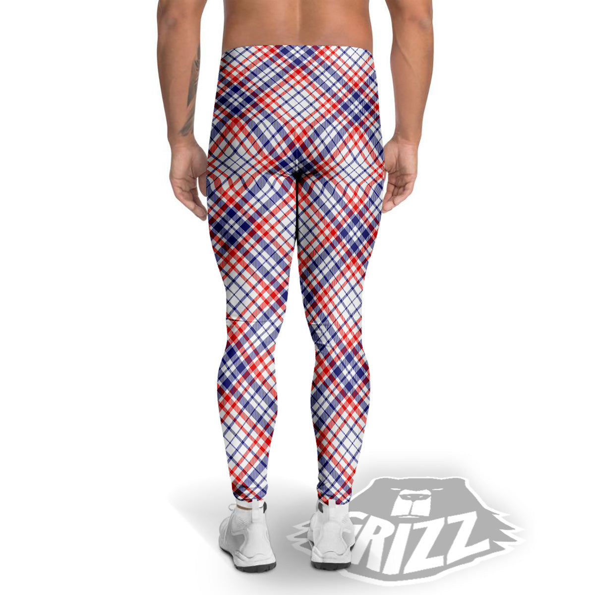 White American Plaid And Blue Red Print Men's Leggings-grizzshop