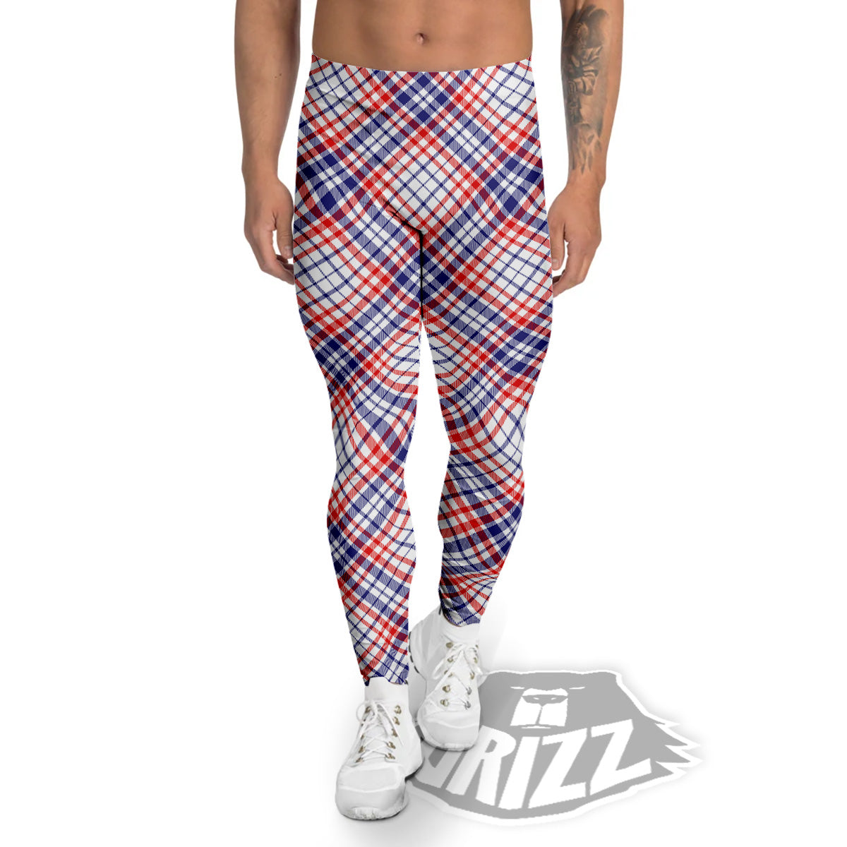 White American Plaid And Blue Red Print Men's Leggings-grizzshop