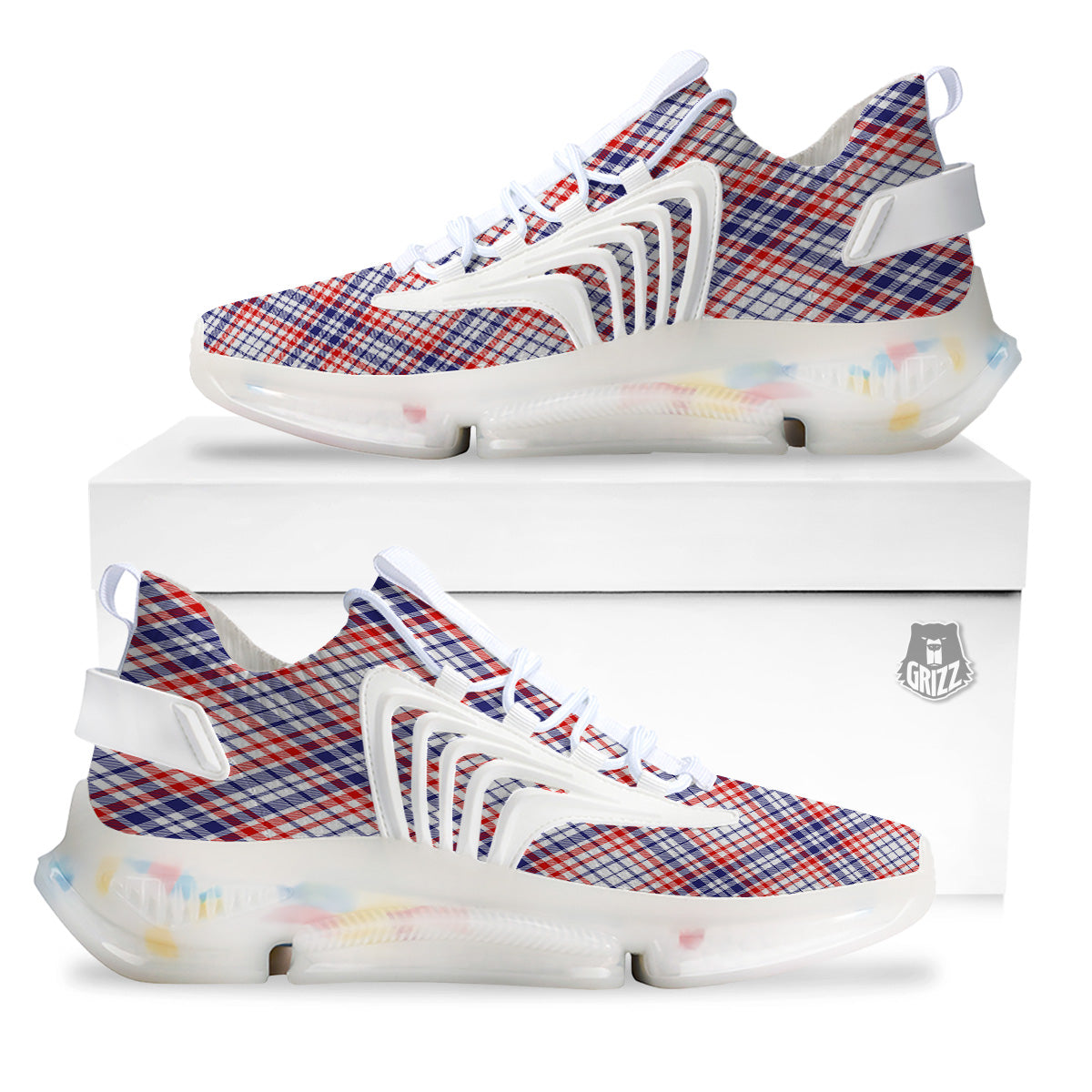 White American Plaid And Blue Red Print White Gym Shoes-grizzshop