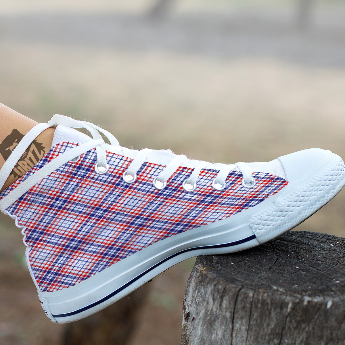 White American Plaid And Blue Red Print White High Top Shoes-grizzshop