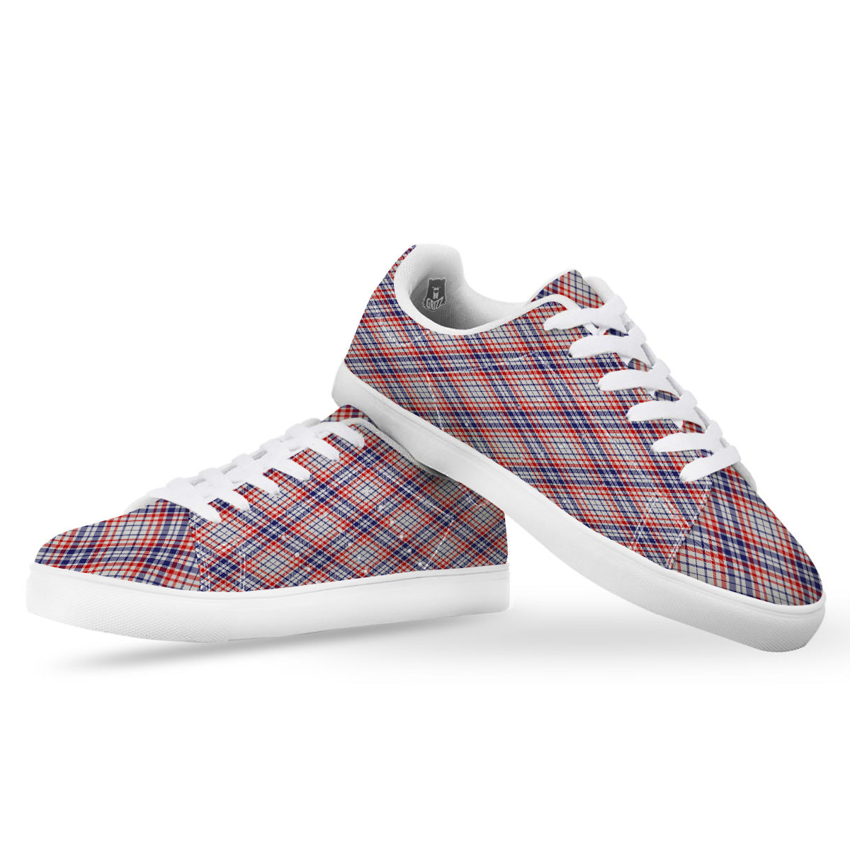 White American Plaid And Blue Red Print White Low Top Sneakers-grizzshop