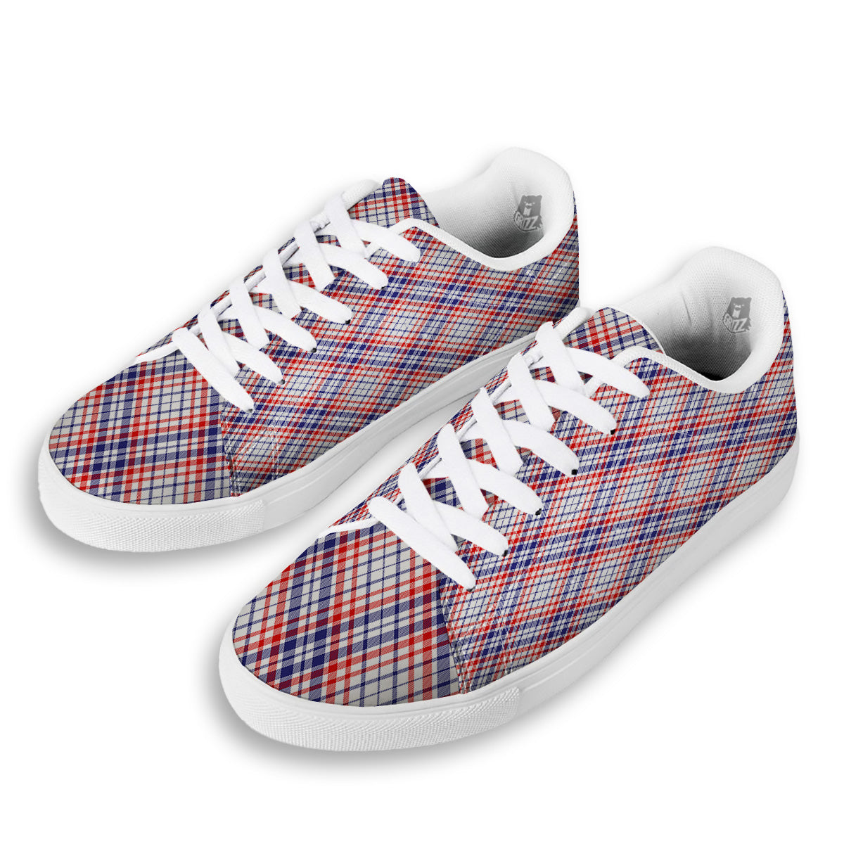 White American Plaid And Blue Red Print White Low Top Sneakers-grizzshop