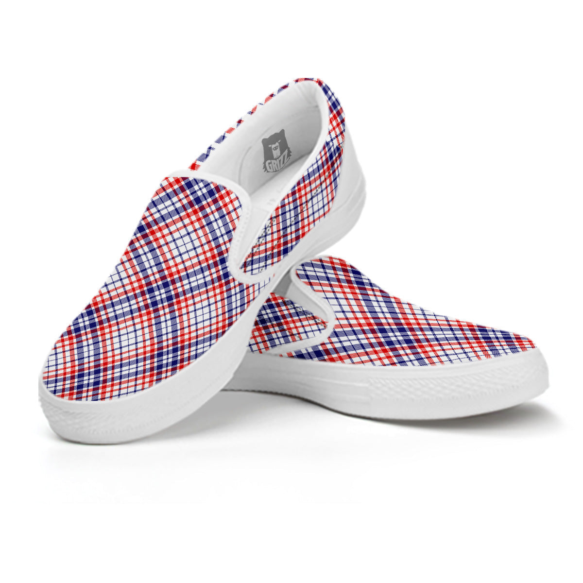 White American Plaid And Blue Red Print White Slip On Shoes-grizzshop