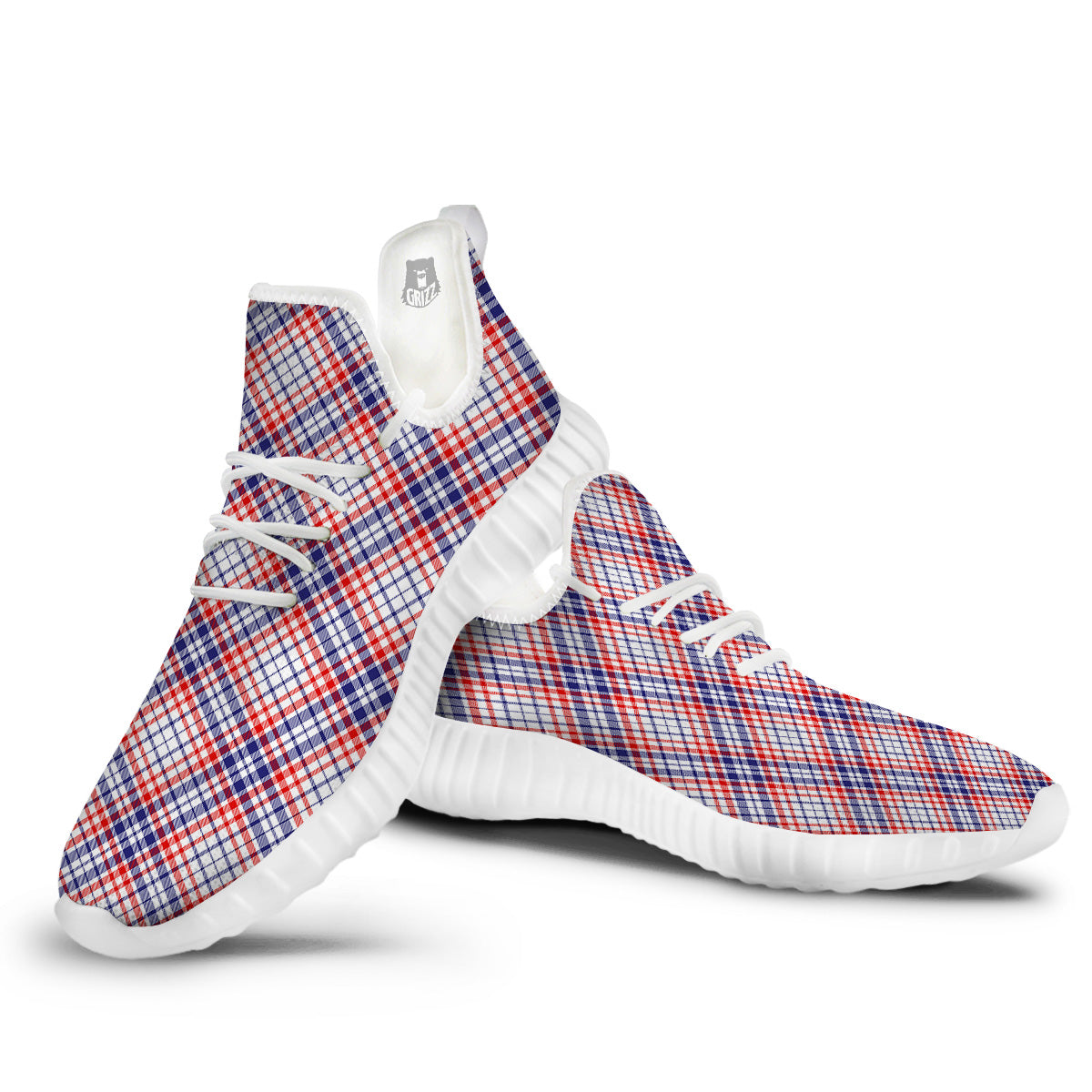 White American Plaid And Blue Red Print White Walking Shoes-grizzshop