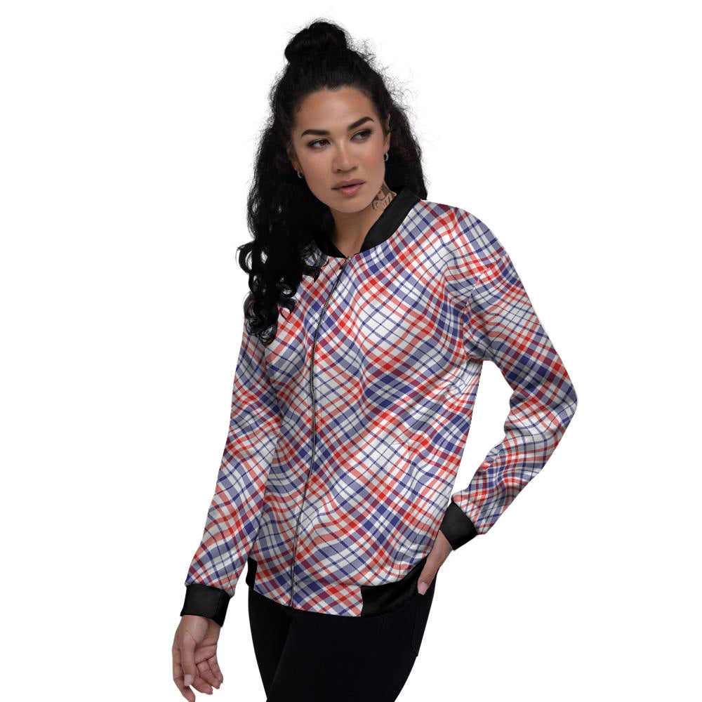 White American Plaid And Blue Red Print Women's Bomber Jacket-grizzshop