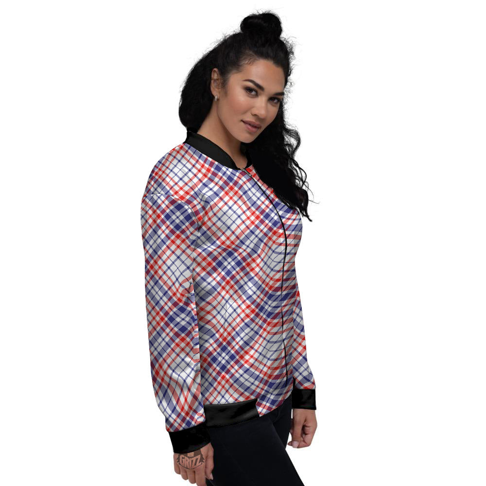 White American Plaid And Blue Red Print Women's Bomber Jacket-grizzshop