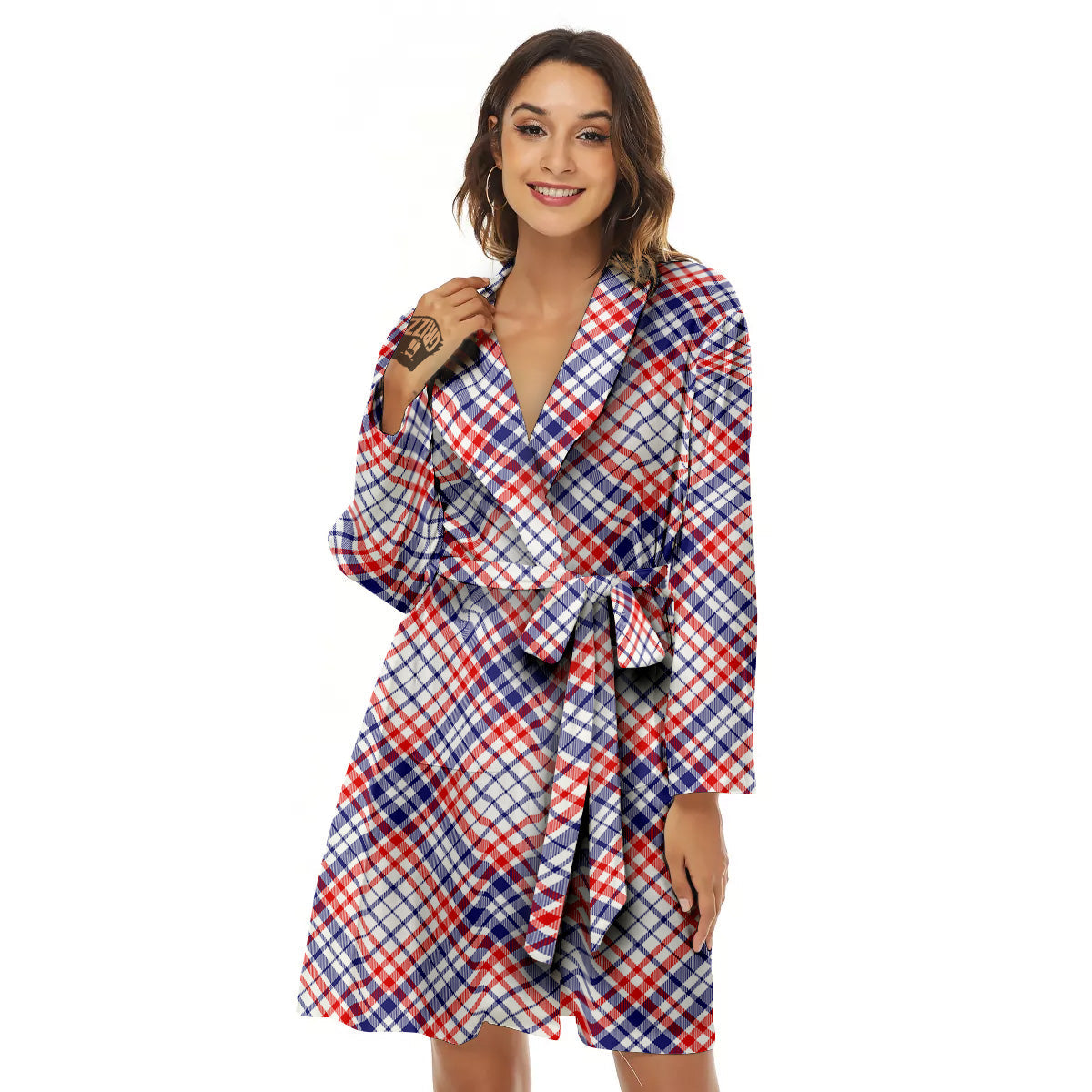 White American Plaid And Blue Red Print Women's Robe-grizzshop