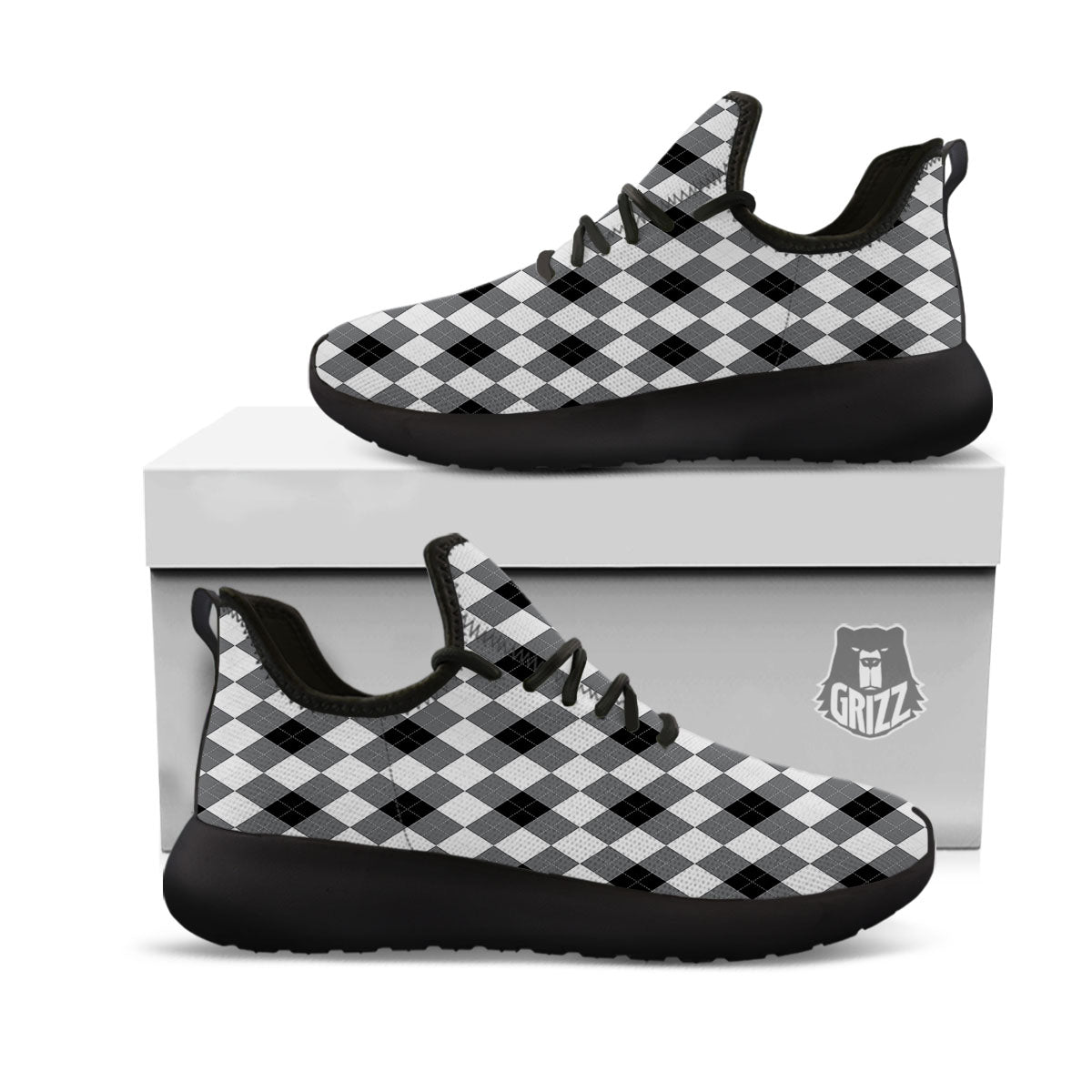 White And Black Argyle Print Pattern Black Athletic Shoes-grizzshop