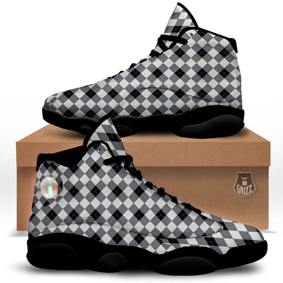 White And Black Argyle Print Pattern Black Basketball Shoes-grizzshop
