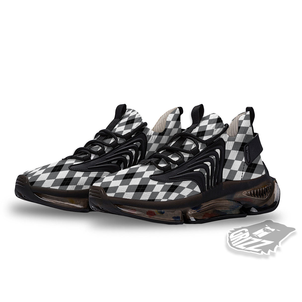 White And Black Argyle Print Pattern Black Gym Shoes-grizzshop