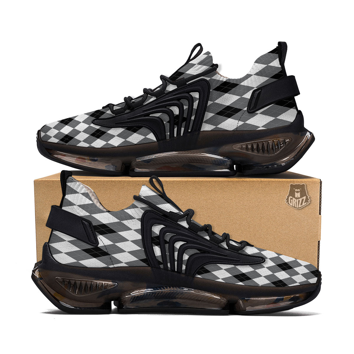 White And Black Argyle Print Pattern Black Gym Shoes-grizzshop