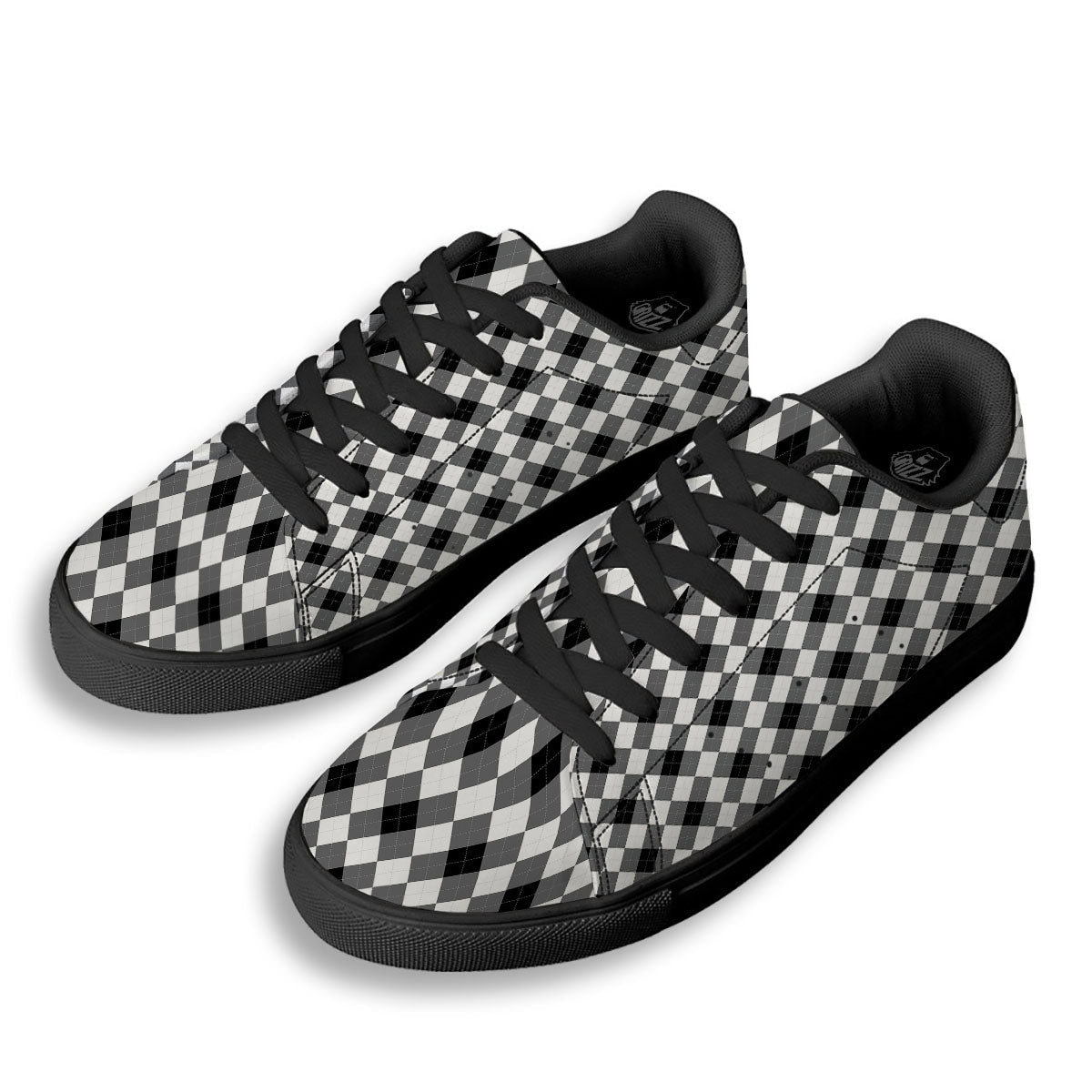 White And Black Argyle Print Pattern Black Low Top Sneakers-grizzshop