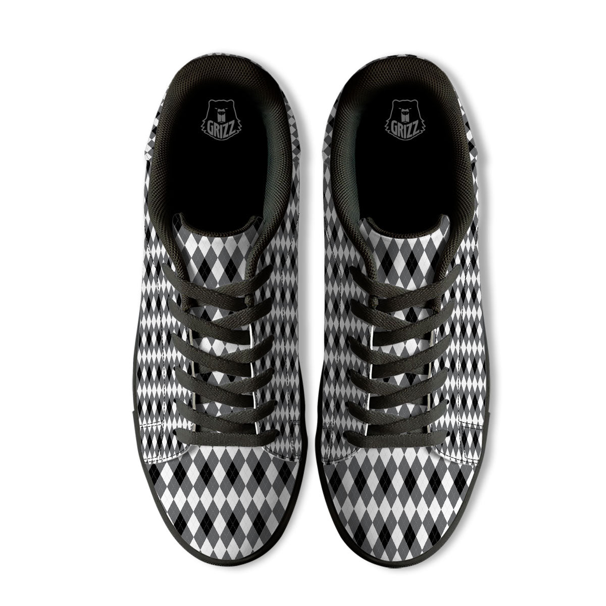 White And Black Argyle Print Pattern Black Low Top Sneakers-grizzshop