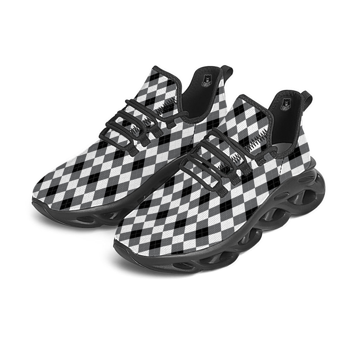 White And Black Argyle Print Pattern Black Running Shoes-grizzshop