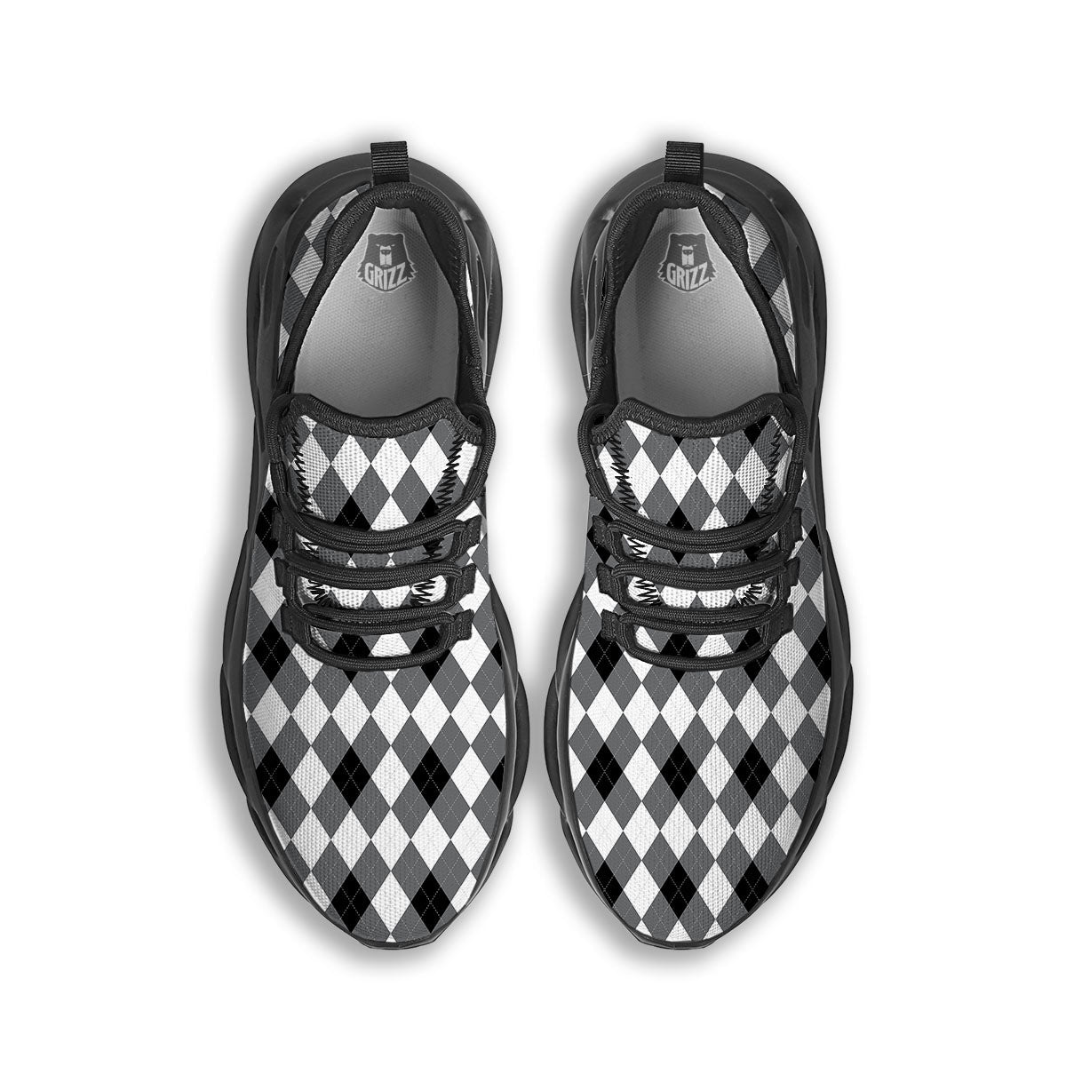 White And Black Argyle Print Pattern Black Running Shoes-grizzshop