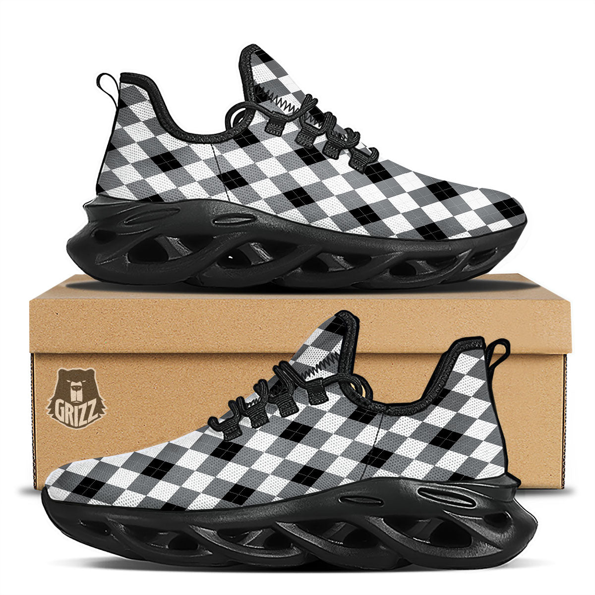 White And Black Argyle Print Pattern Black Running Shoes-grizzshop
