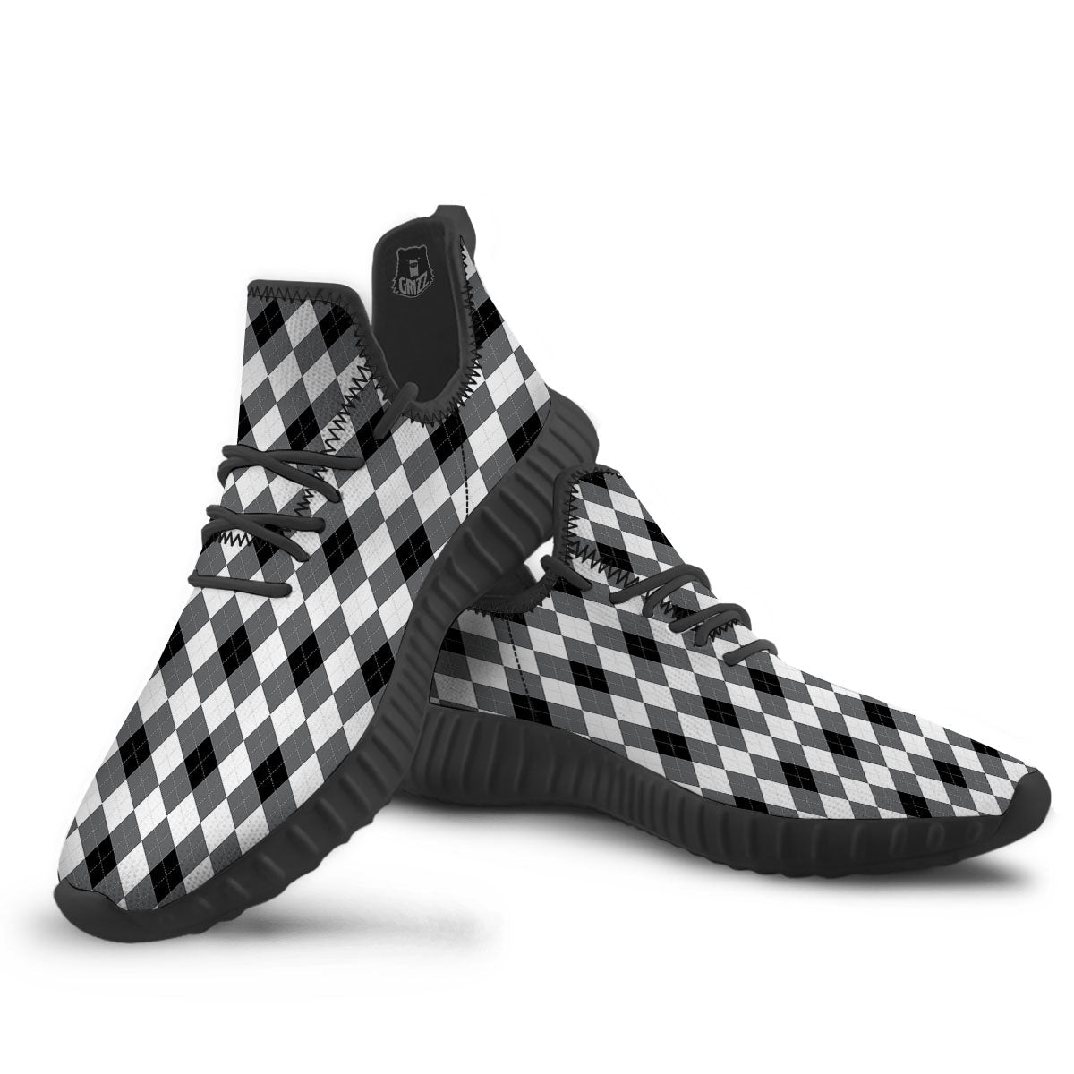 White And Black Argyle Print Pattern Black Walking Shoes-grizzshop