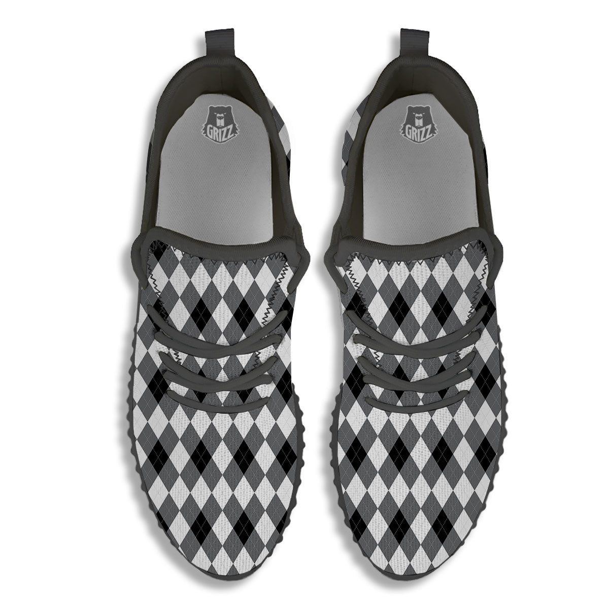 White And Black Argyle Print Pattern Black Walking Shoes-grizzshop