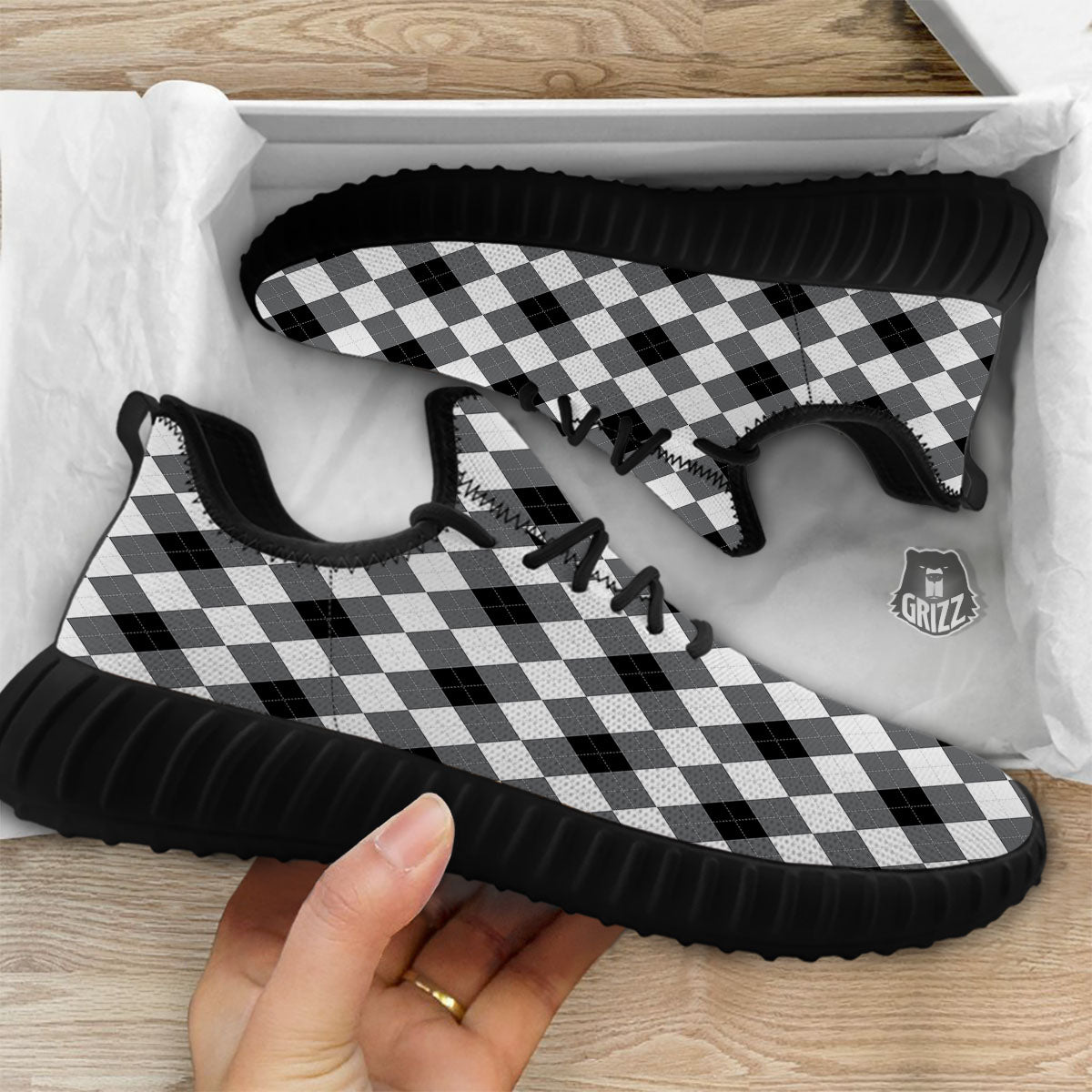 White And Black Argyle Print Pattern Black Walking Shoes-grizzshop
