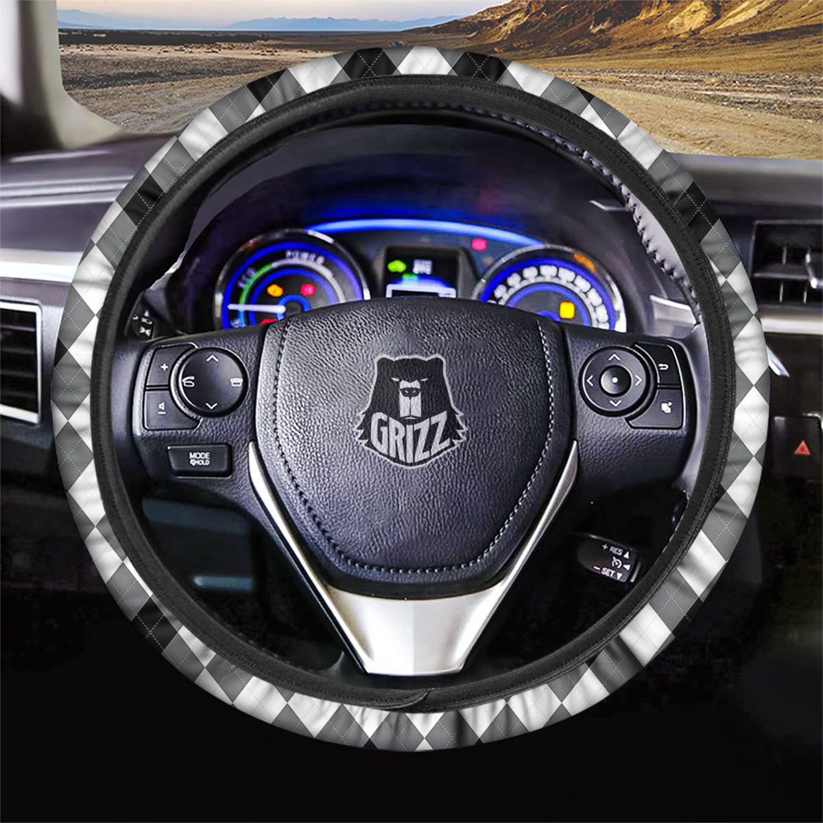 White And Black Argyle Print Pattern Car Steering Wheel Cover-grizzshop