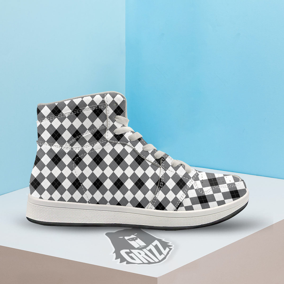 White And Black Argyle Print Pattern High Top Sneakers-grizzshop