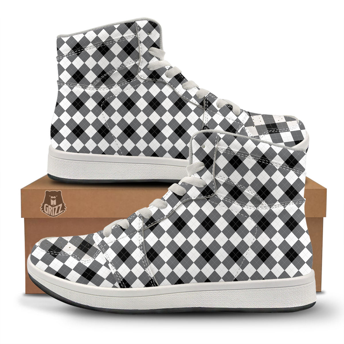 White And Black Argyle Print Pattern High Top Sneakers-grizzshop