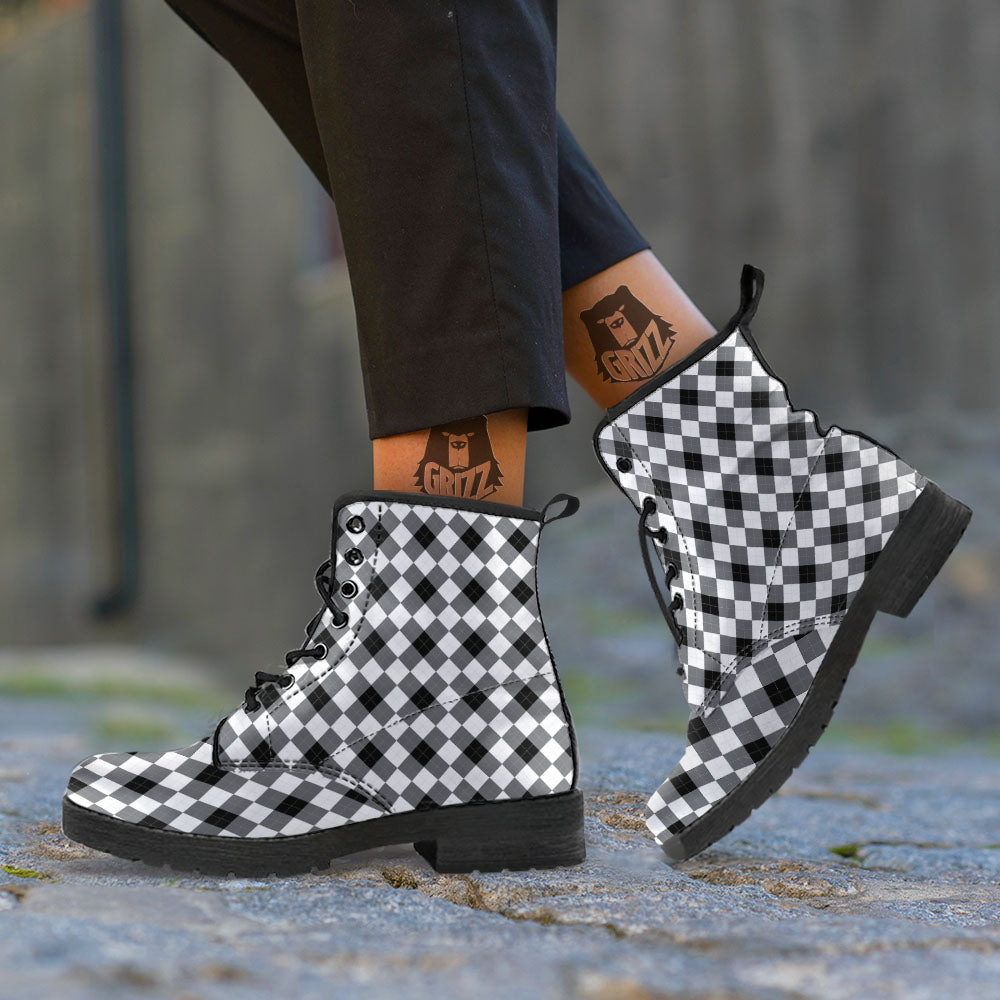 White And Black Argyle Print Pattern Leather Boots-grizzshop