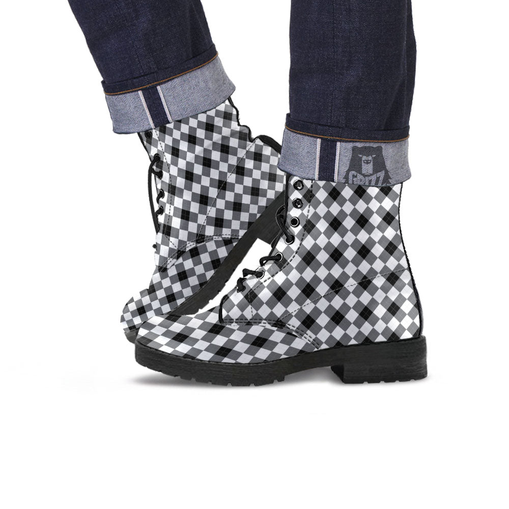 White And Black Argyle Print Pattern Leather Boots-grizzshop