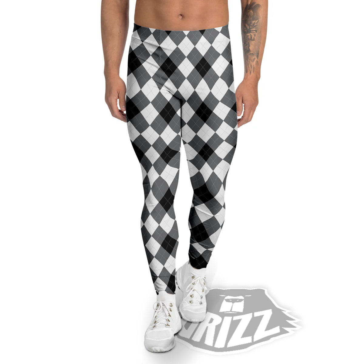 White And Black Argyle Print Pattern Men's Leggings-grizzshop