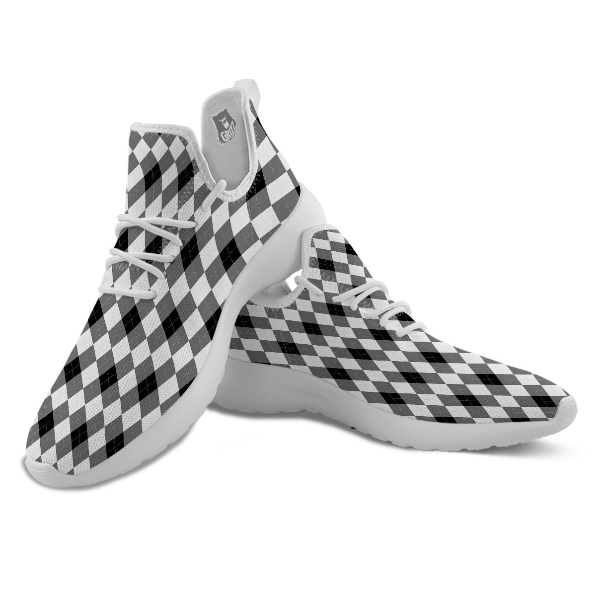 White And Black Argyle Print Pattern White Athletic Shoes-grizzshop