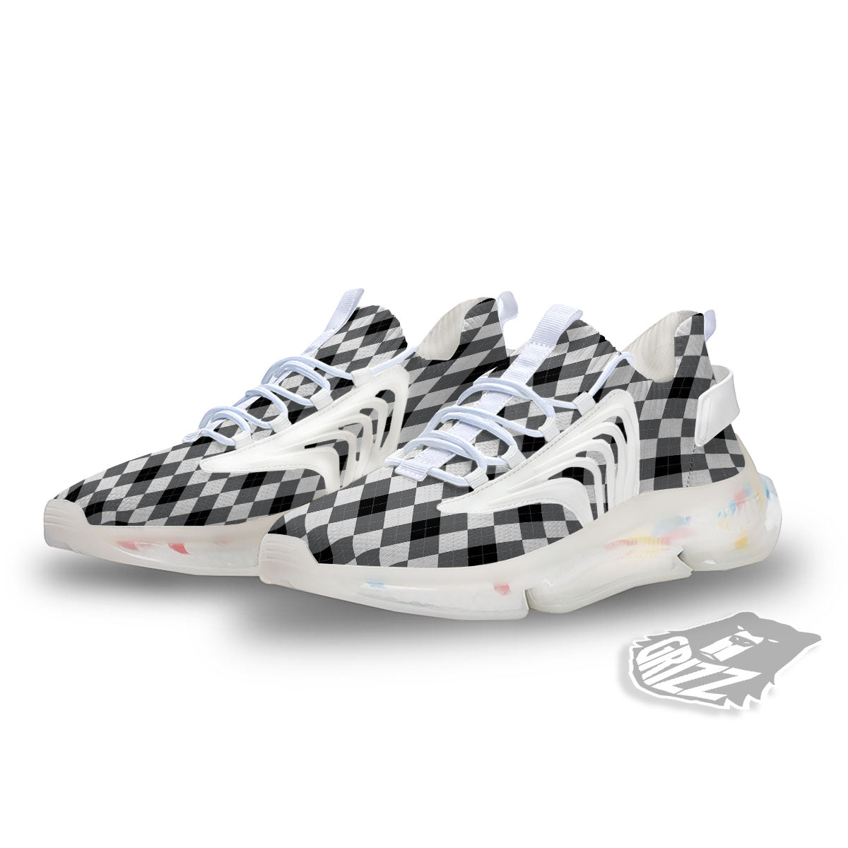 White And Black Argyle Print Pattern White Gym Shoes-grizzshop