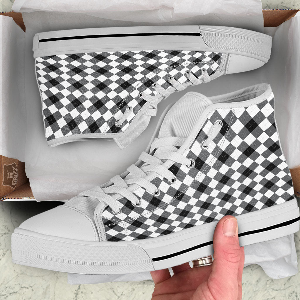 White And Black Argyle Print Pattern White High Top Shoes-grizzshop