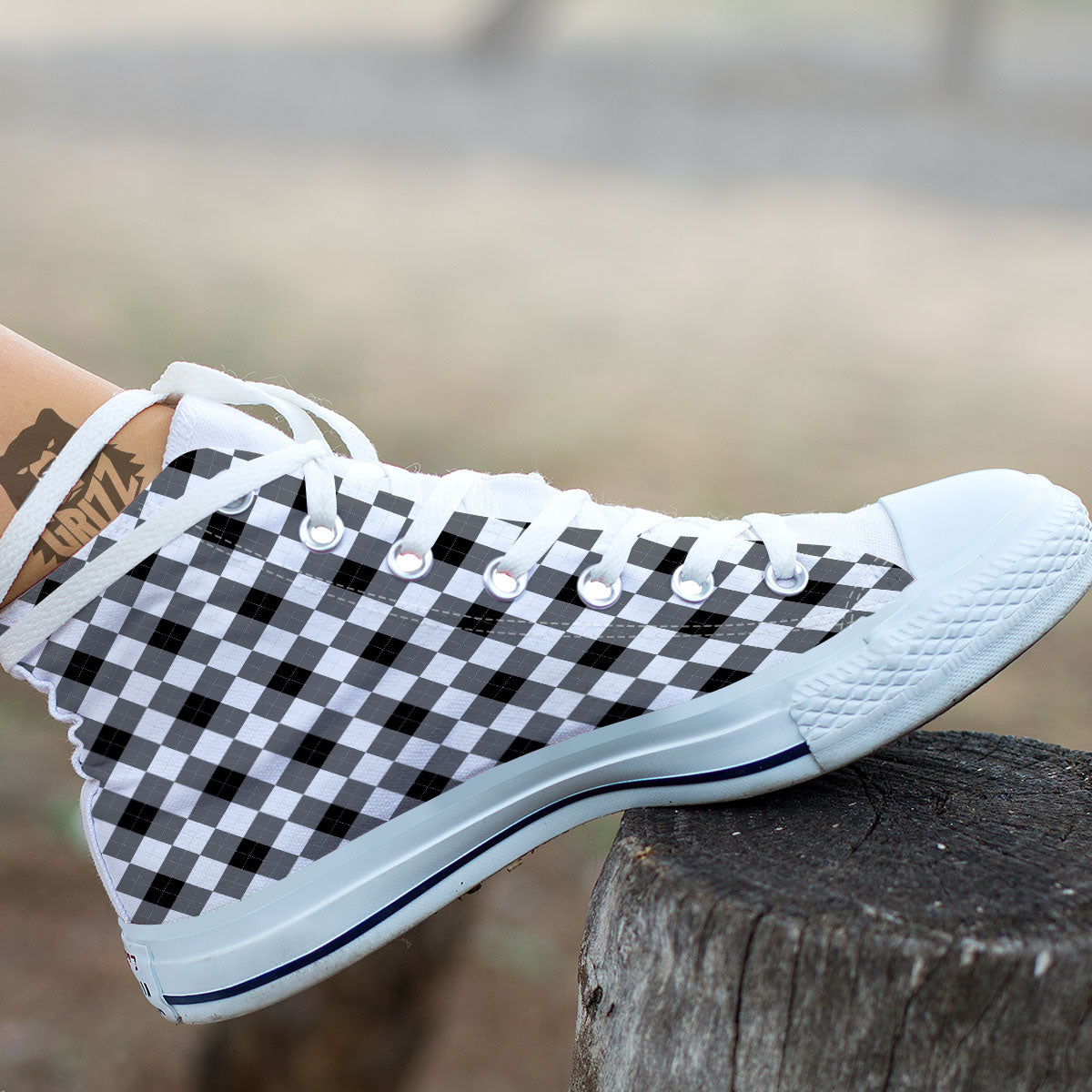 White And Black Argyle Print Pattern White High Top Shoes-grizzshop