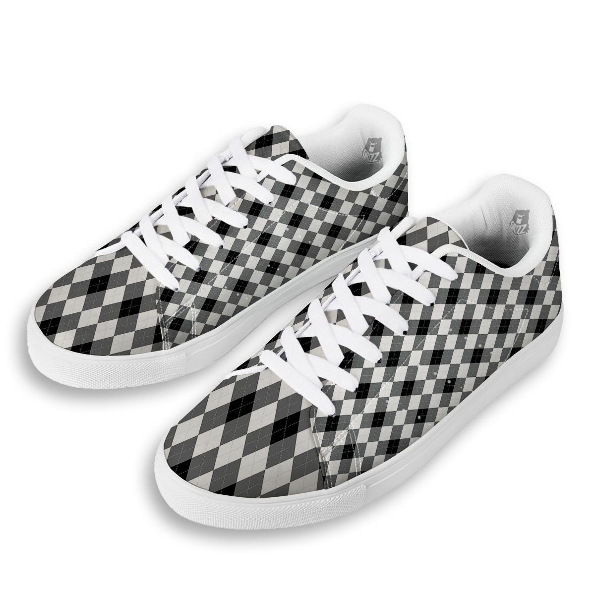 White And Black Argyle Print Pattern White Low Top Sneakers-grizzshop