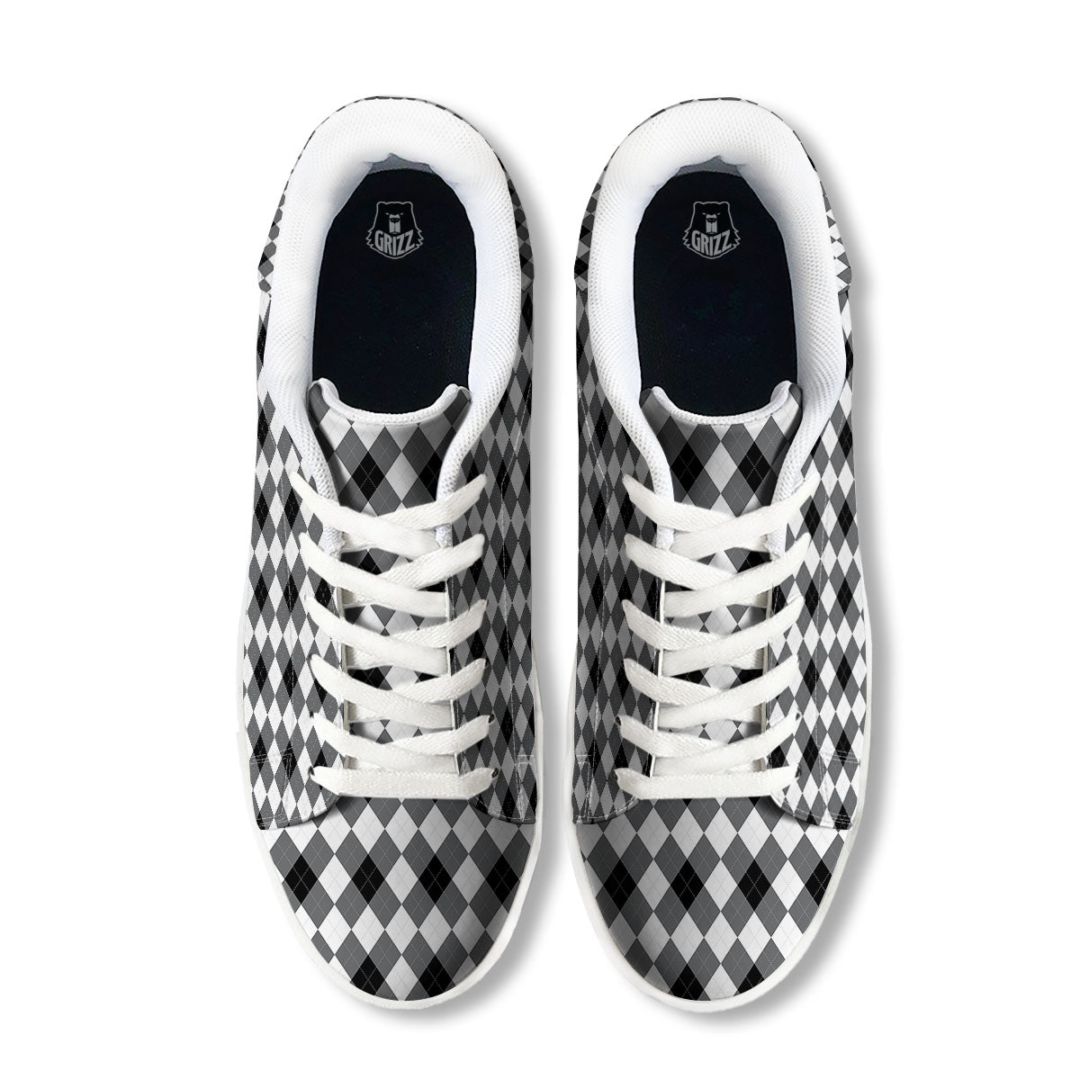 White And Black Argyle Print Pattern White Low Top Sneakers-grizzshop